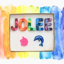 Load image into Gallery viewer, Two Shaped Crayons PLUS Blues/Greens and Confetti Crayon Letters- Variety Of Colors
